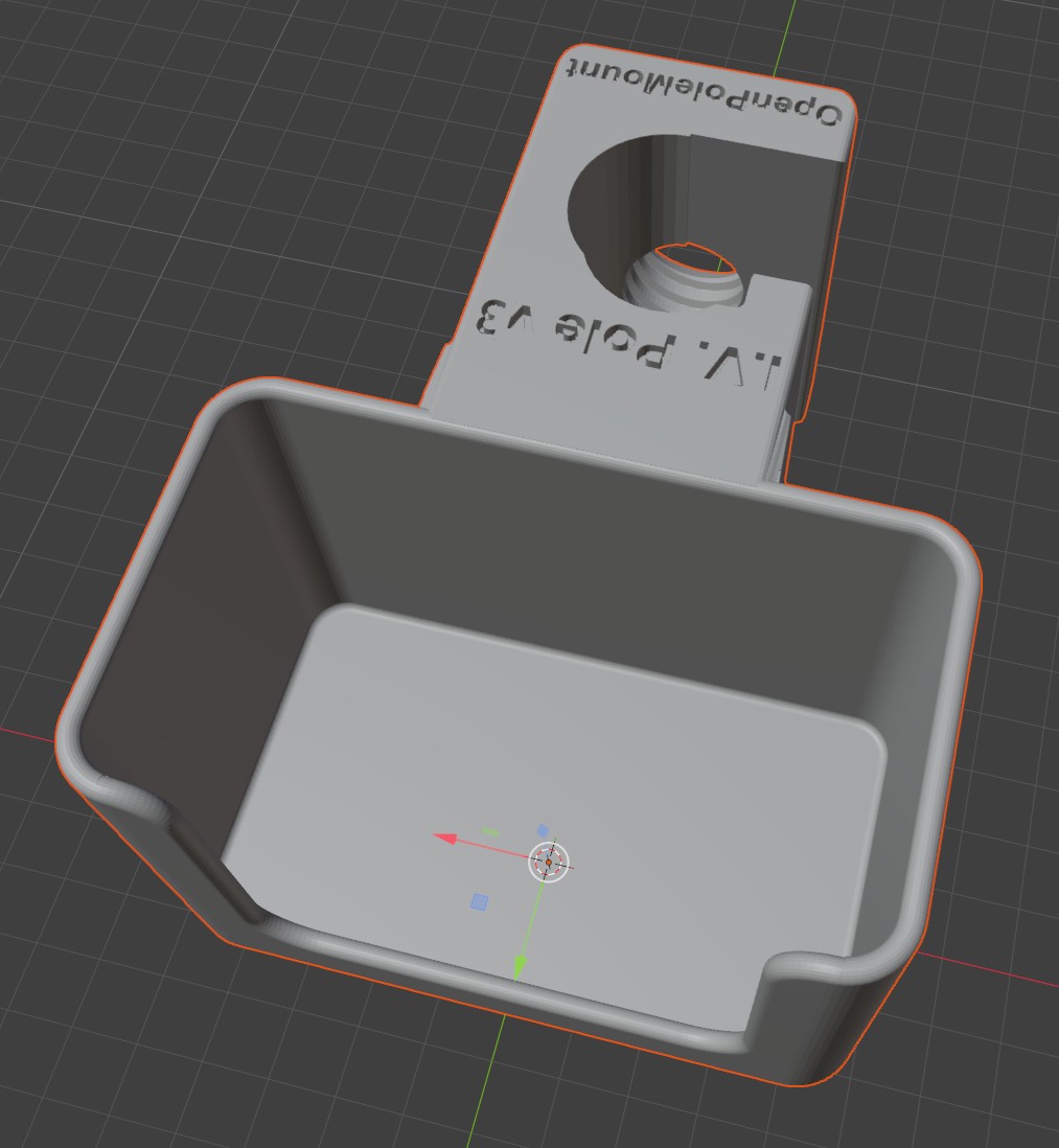IV Pole Cradle v3 — 3D render, form-fitting equipment pocket at left, U-shaped pole channel at right